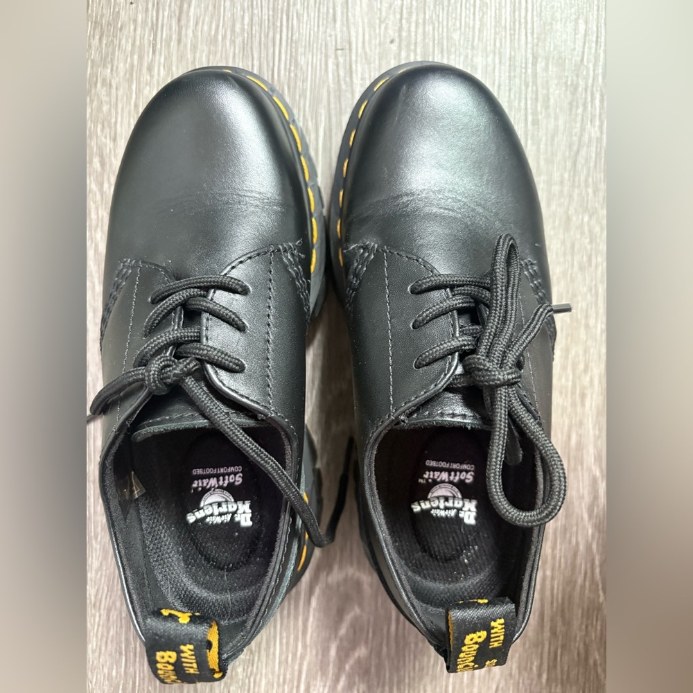 Dr. Martens Black Leather Oxfords with Yellow Stitching